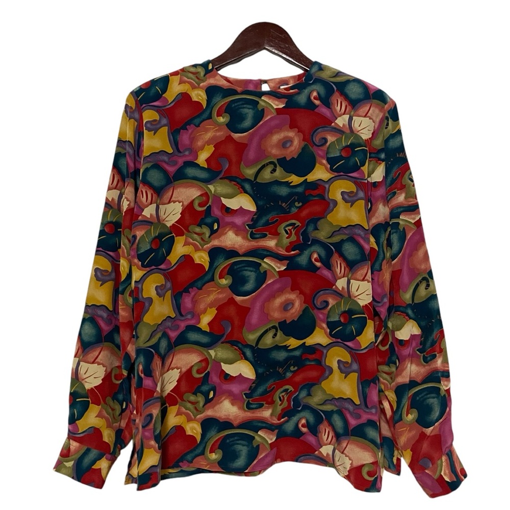 Vintage Doncaster Vibrant Floral 100% Silk Blouse Abstract Colorful Wearable Art